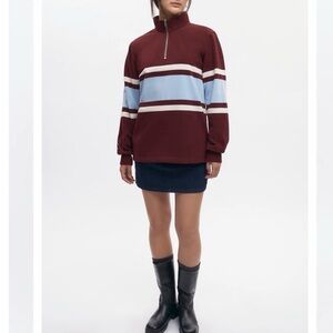 KOTN Rugby half zip Maroon Pullover with Light Blue and White Stripes